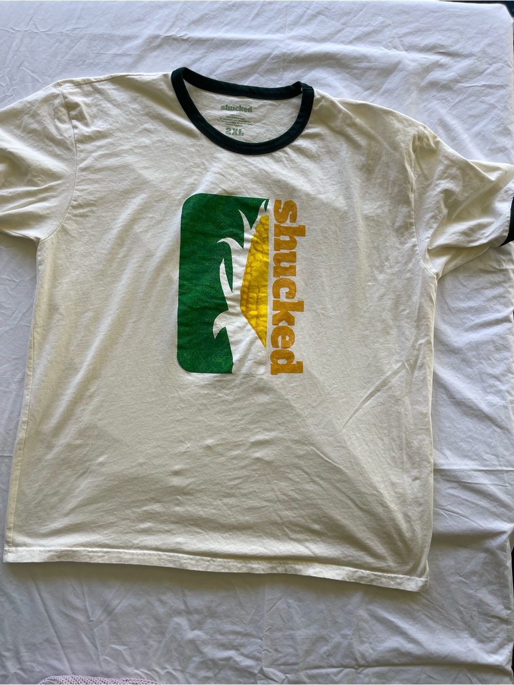 White Short-Sleeve Ringer Tee with Green & Yellow Graphic
